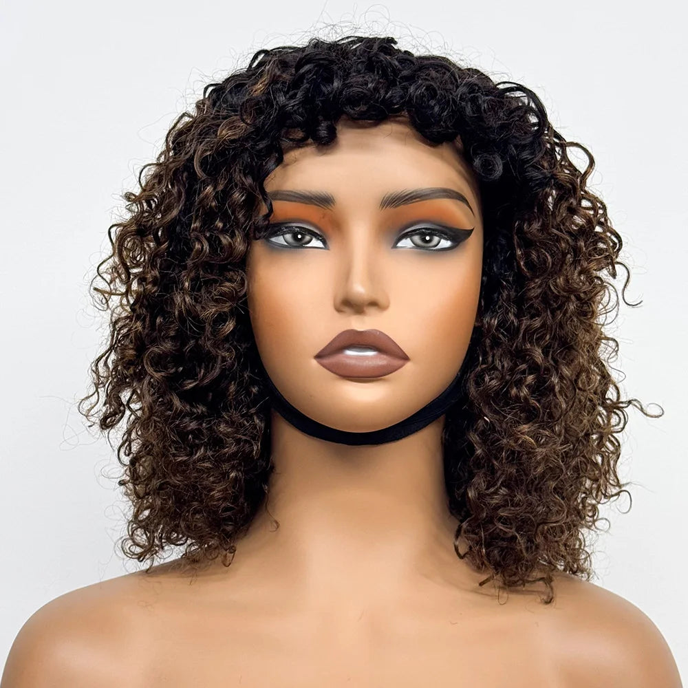 La Parisienne Curly — Perruque 14" à Frange Machine Made (Densité 280%)