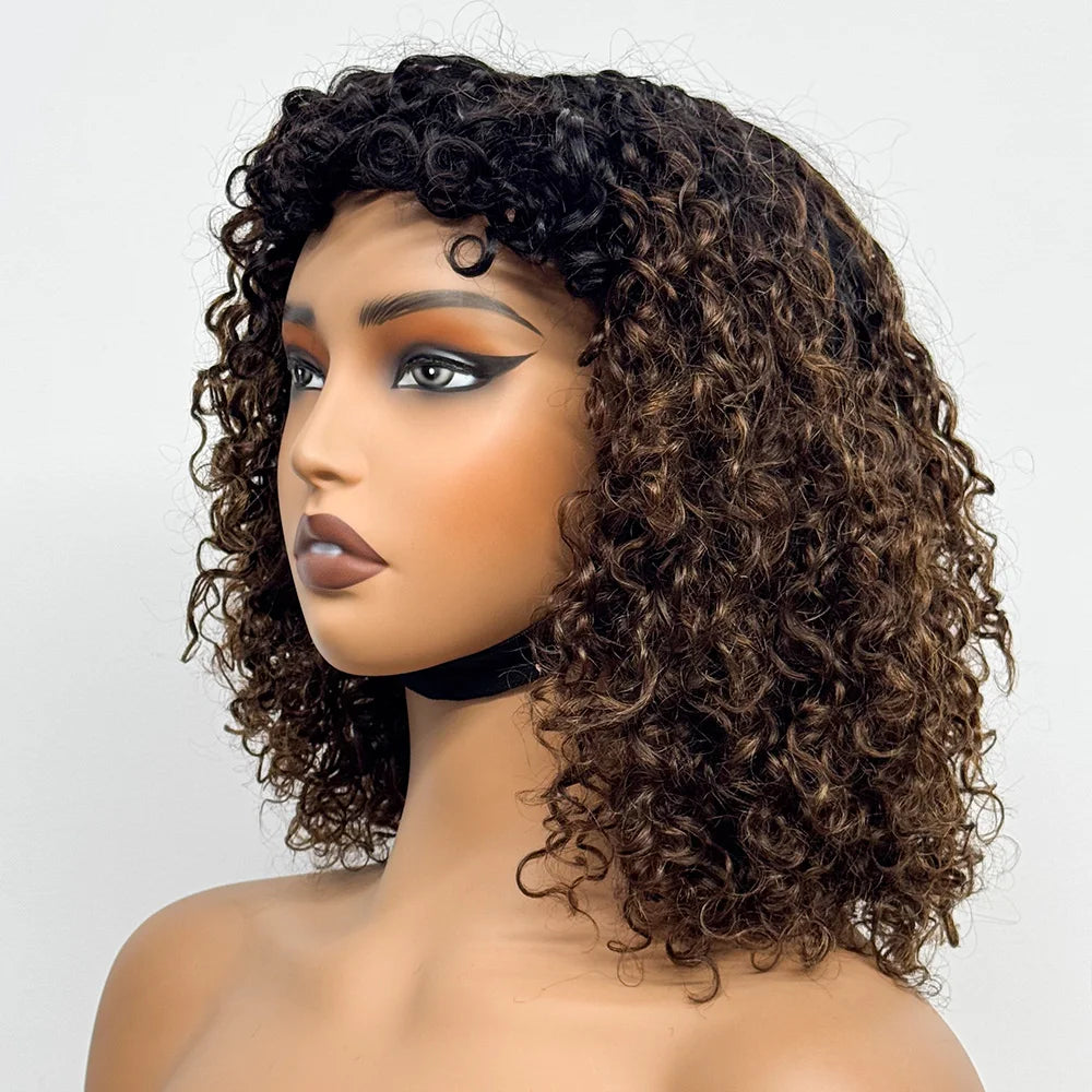 La Parisienne Curly — Perruque 14" à Frange Machine Made (Densité 280%)