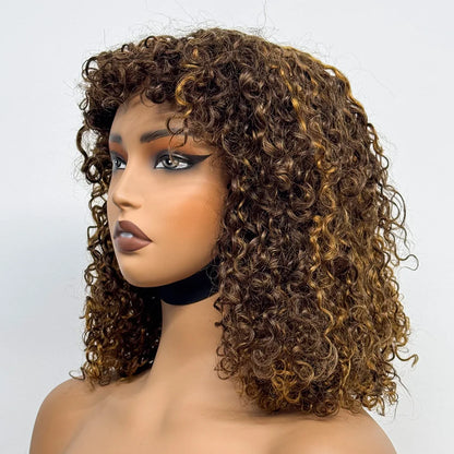 La Parisienne Curly — Perruque 14" à Frange Machine Made (Densité 280%)