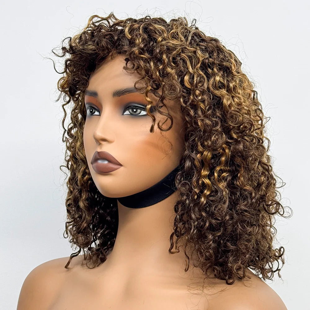 La Parisienne Curly — Perruque 14" à Frange Machine Made (Densité 280%)