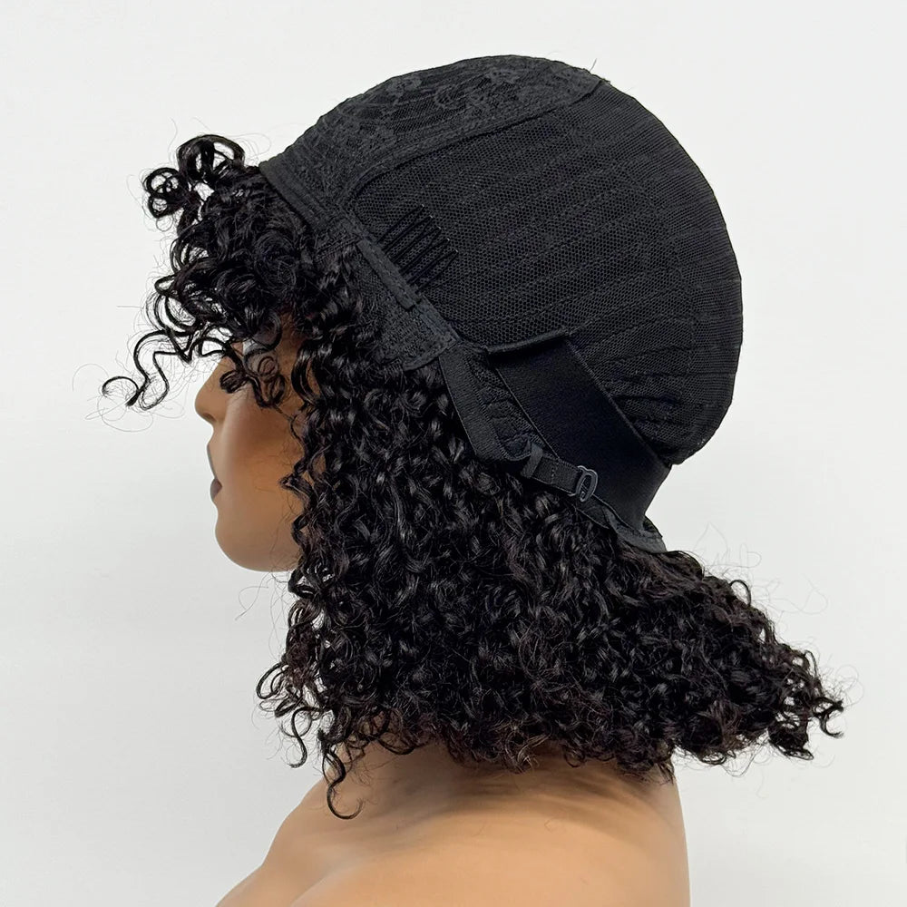La Parisienne Curly — Perruque 14" à Frange Machine Made (Densité 280%)