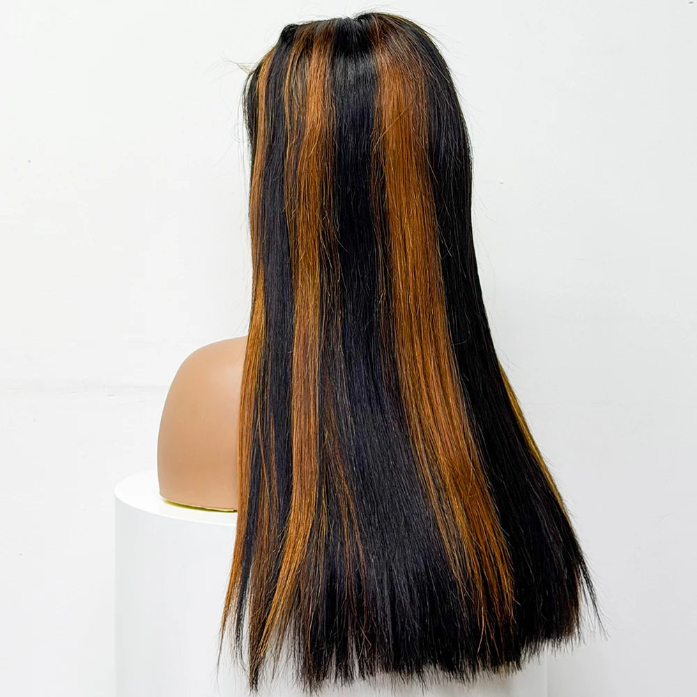 300% Density Glueless Human Hair Wig 24in 5x5 Transparent Lace Closure Wig Highlight Ombre Double Drawn Bone Straight Human Hair