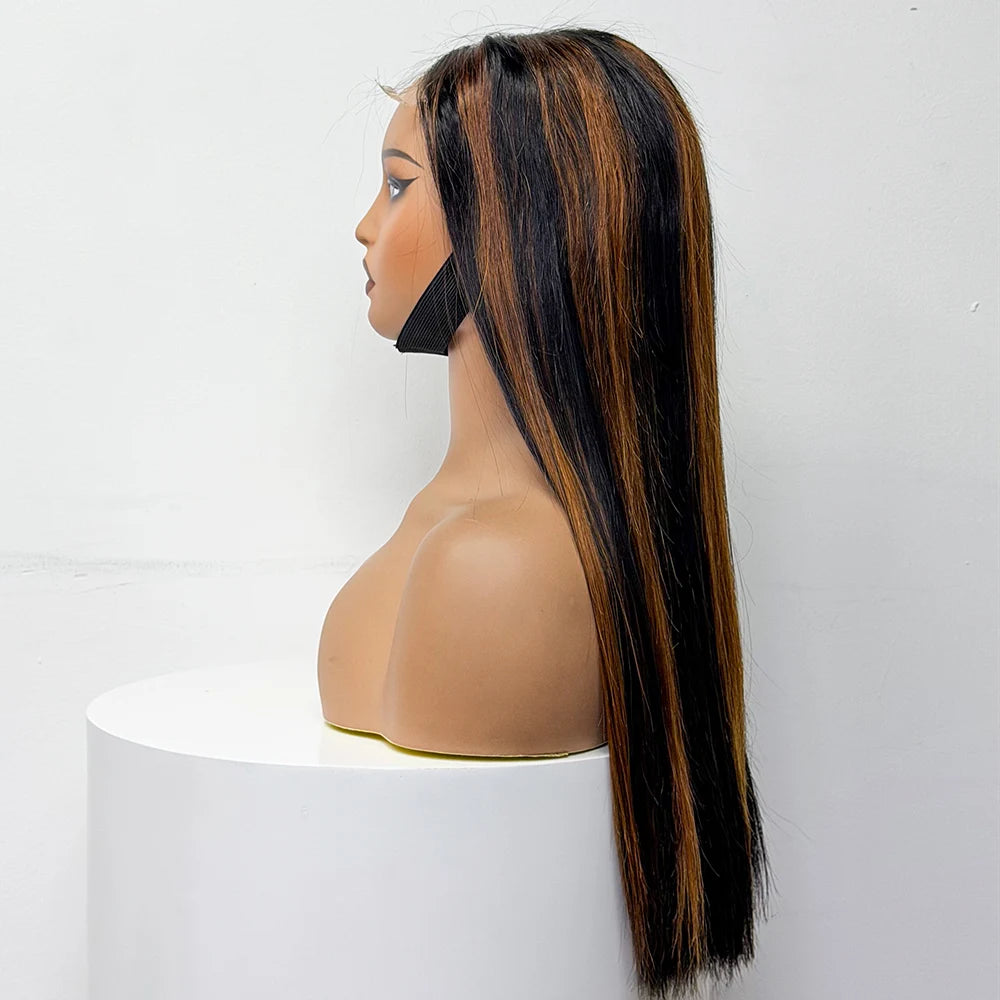 300% Density Glueless Human Hair Wig 24in 5x5 Transparent Lace Closure Wig Highlight Ombre Double Drawn Bone Straight Human Hair