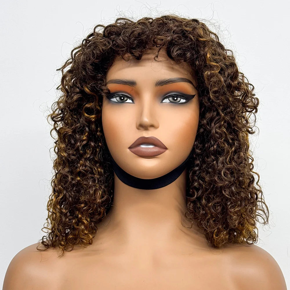 La Parisienne Curly — Perruque 14" à Frange Machine Made (Densité 280%)
