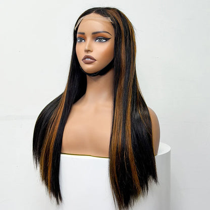 300% Density Glueless Human Hair Wig 24in 5x5 Transparent Lace Closure Wig Highlight Ombre Double Drawn Bone Straight Human Hair