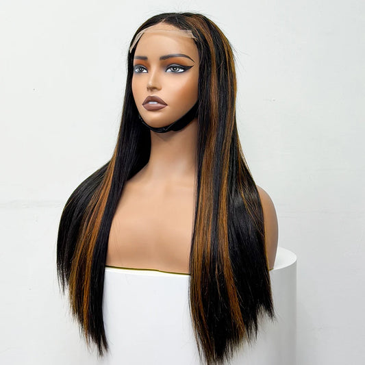 300% Density Glueless Human Hair Wig 24in 5x5 Transparent Lace Closure Wig Highlight Ombre Double Drawn Bone Straight Human Hair