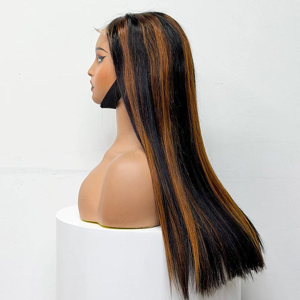 300% Density Glueless Human Hair Wig 24in 5x5 Transparent Lace Closure Wig Highlight Ombre Double Drawn Bone Straight Human Hair