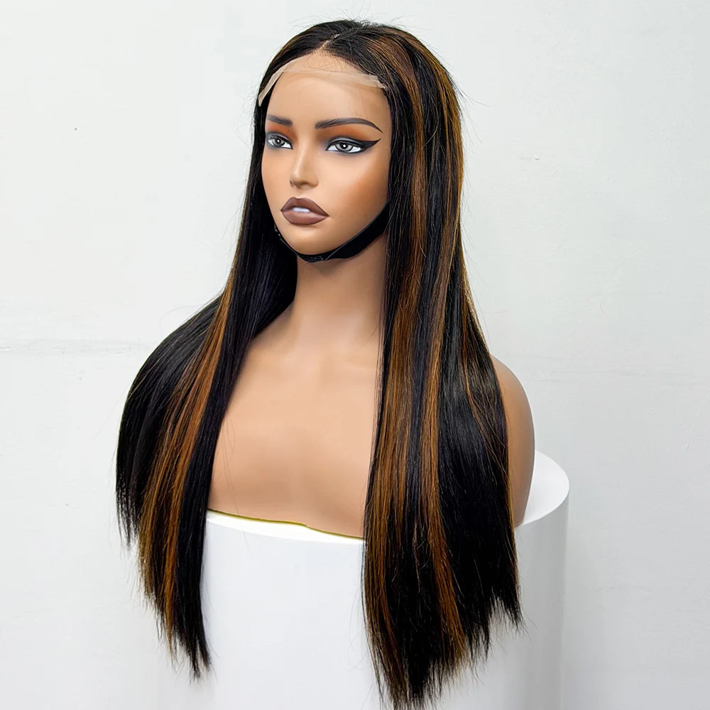 300% Density Glueless Human Hair Wig 24in 5x5 Transparent Lace Closure Wig Highlight Ombre Double Drawn Bone Straight Human Hair
